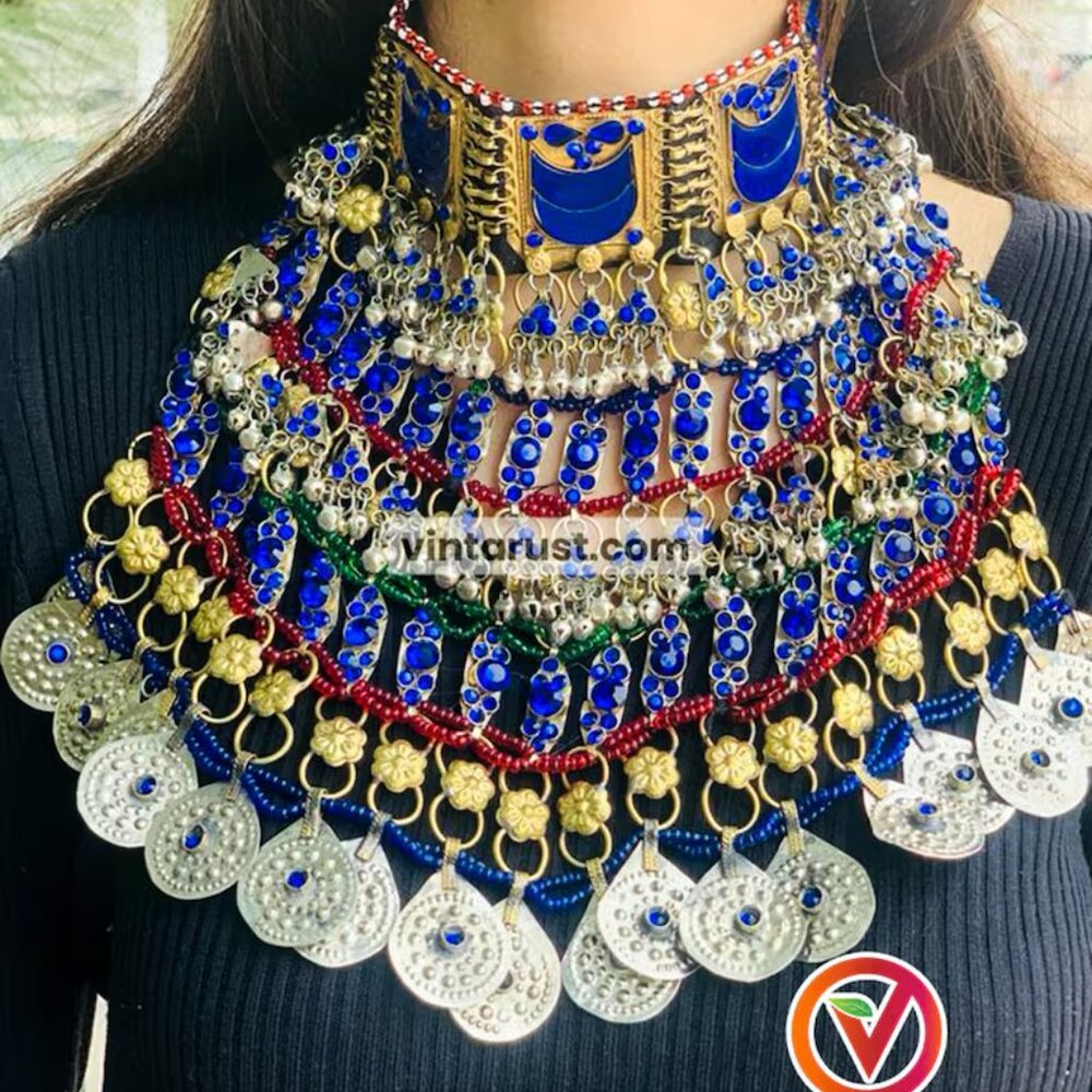 Gypsy Kuchi Bib Necklace, Afghan Silver, Blue Glass Choker